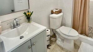 A bathroom with a sink, mirror, toilet, and shower curtain. - Loving Apartment! (Clearwater)
