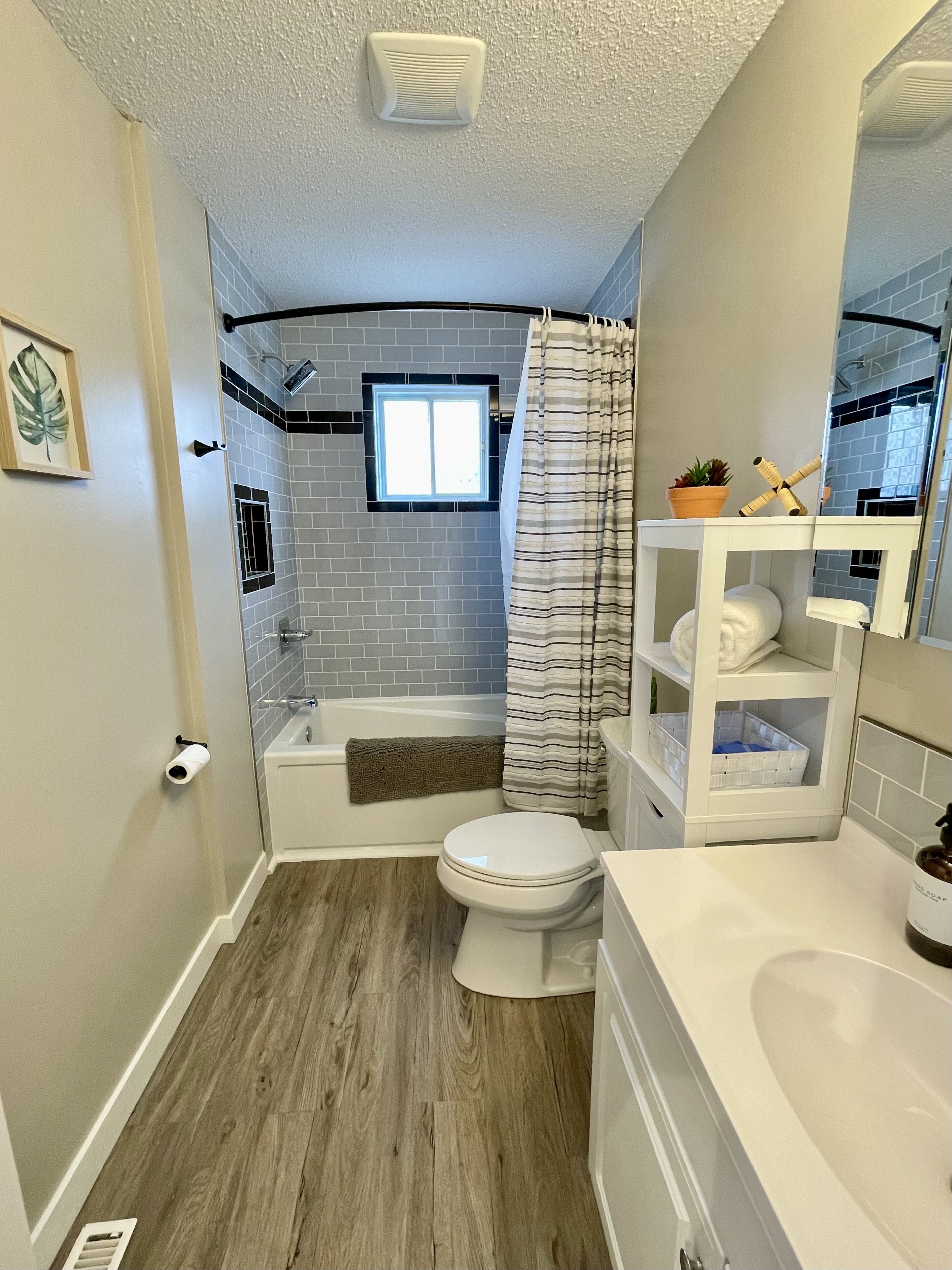 Hair dryer, towels, soap, shampoo