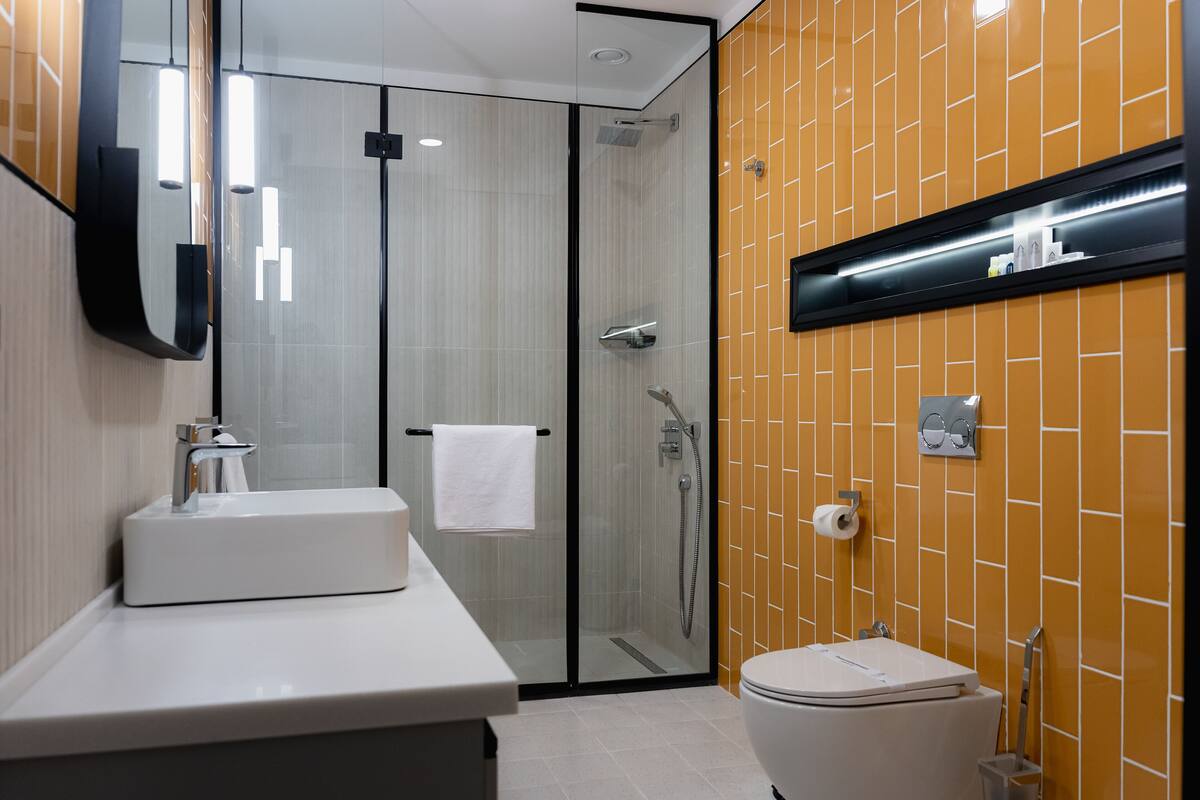 A modern bathroom with a glass shower enclosure, a white sink, and a toilet.
