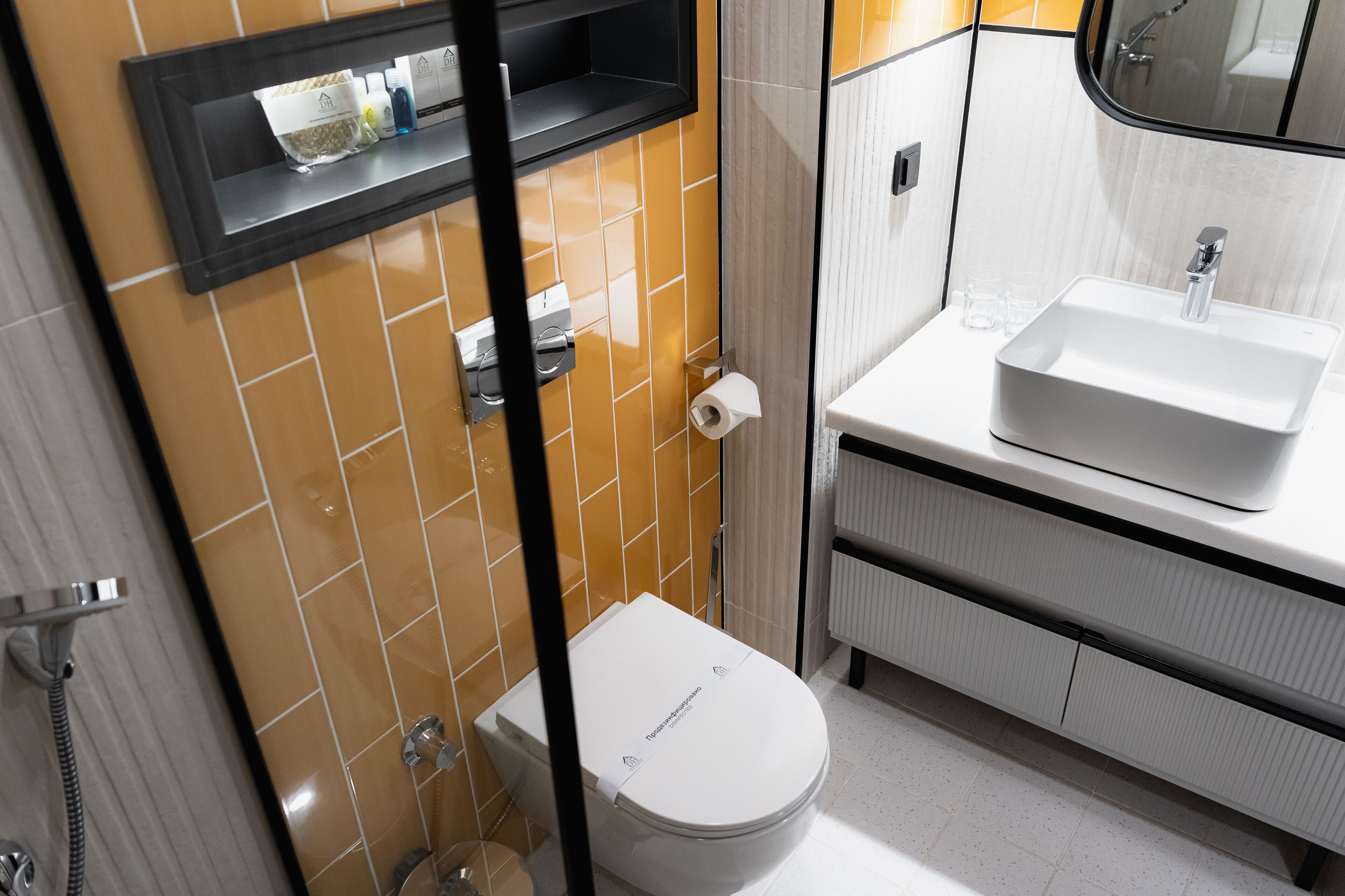 A bathroom with a white toilet, a sink, and a shelf with toiletries.