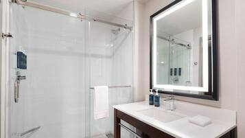 Hair dryer, towels, soap, shampoo
