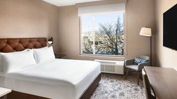 A hotel room with a large bed, a chair, a desk, a window with a view, and a flat-screen TV.