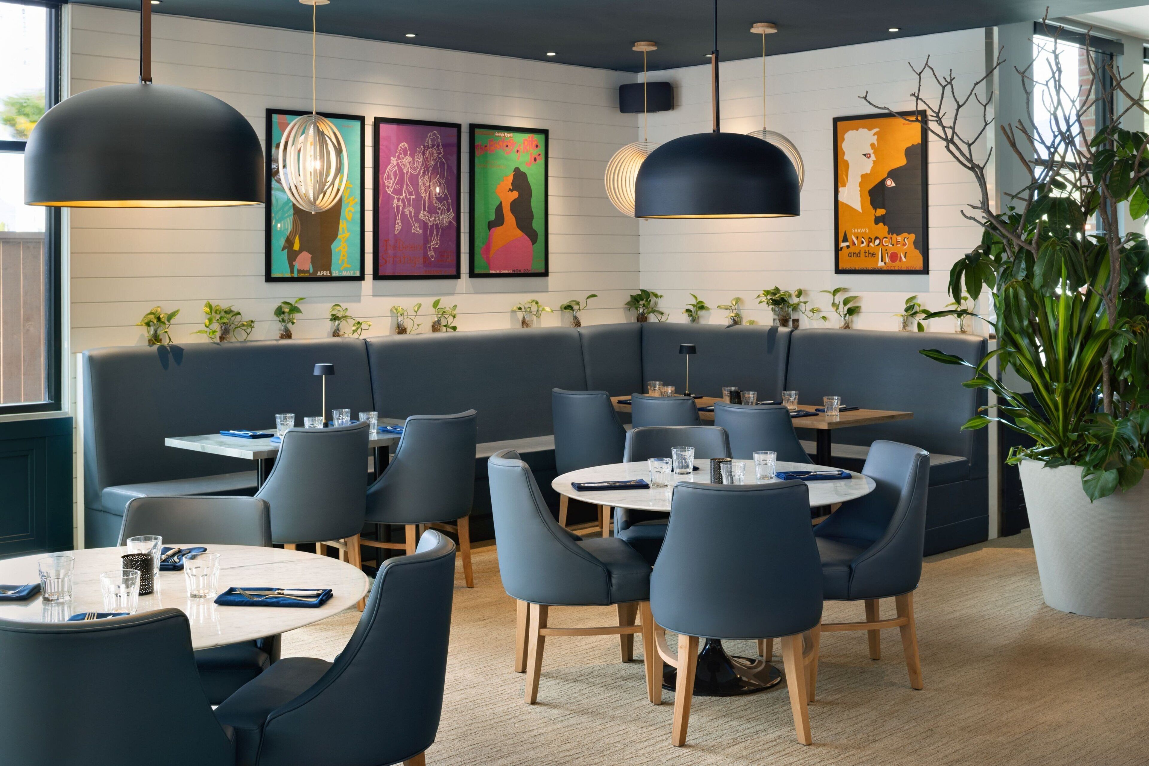Un restaurante moderno con mesas redondas y sillas oscuras, una planta grande en maceta y obras de arte en las paredes.