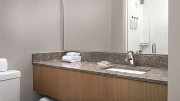 Un baño moderno con encimera de granito, un lavabo y un espejo.