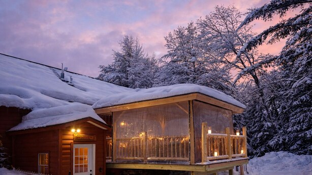 A wooden cabin with a glass-enclosed porch, surrounded by snow-covered trees. - 4-bedroom cabin just 10 minutes from Adirondack Park (Thendara)