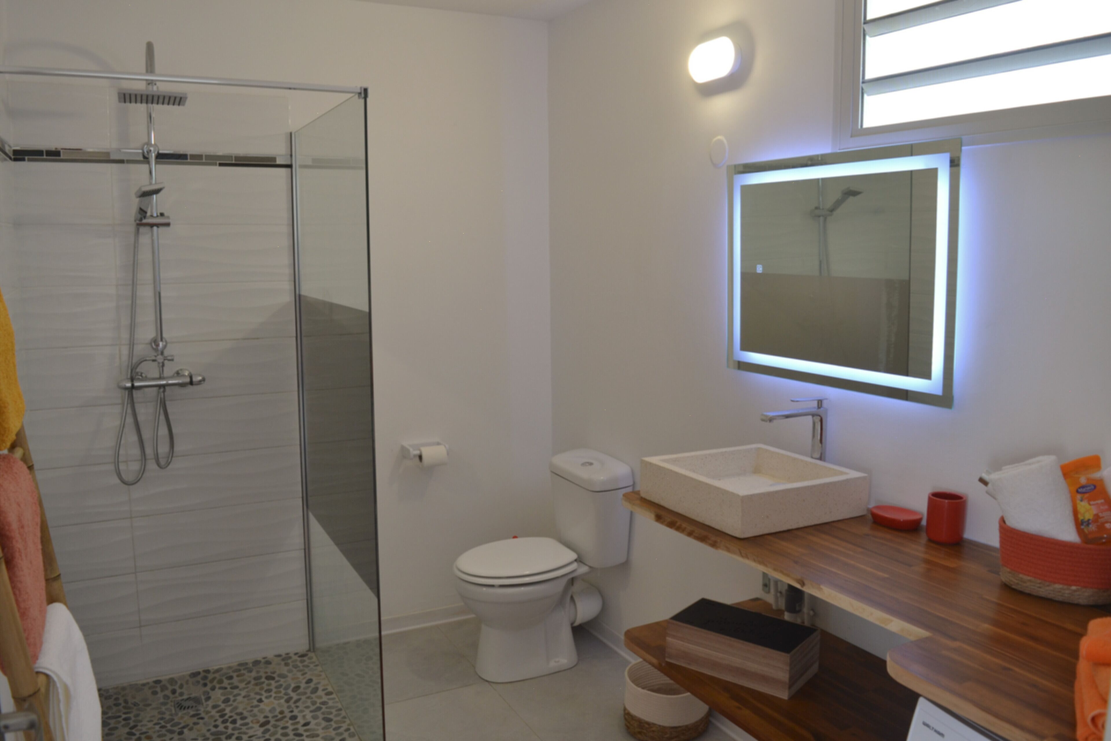 Suihku, hiustenkuivaaja, pyyhkeet, saippua