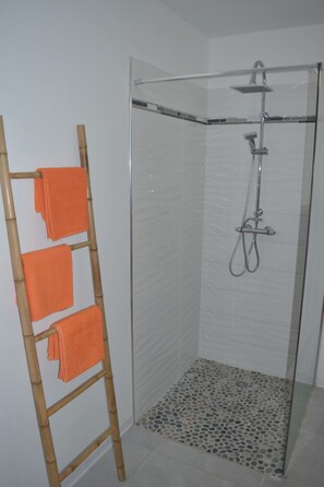 Ducha, secador de pelo, toallas y jabón