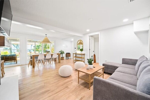 Smart TV, fireplace, books, music library