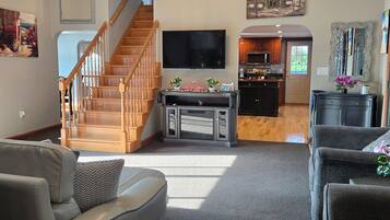 Smart TV, fireplace, books