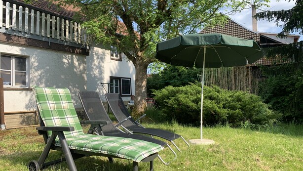 A grassy outdoor area with two lounge chairs, one with a green and white checkered cushion, and a green umbrella. - Garten, Thermomix und Babybett (Ühlingen-Birkendorf)