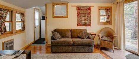 A cozy living room with a sofa, a chair, and a rug. There are windows with curtains, a fireplace, and a door leading to another room.