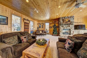 Televisión, chimenea y estéreo 