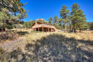 Une cabane en bois dotée d’un porche, entourée de grands pins et surplombée d’un ciel bleu clair.