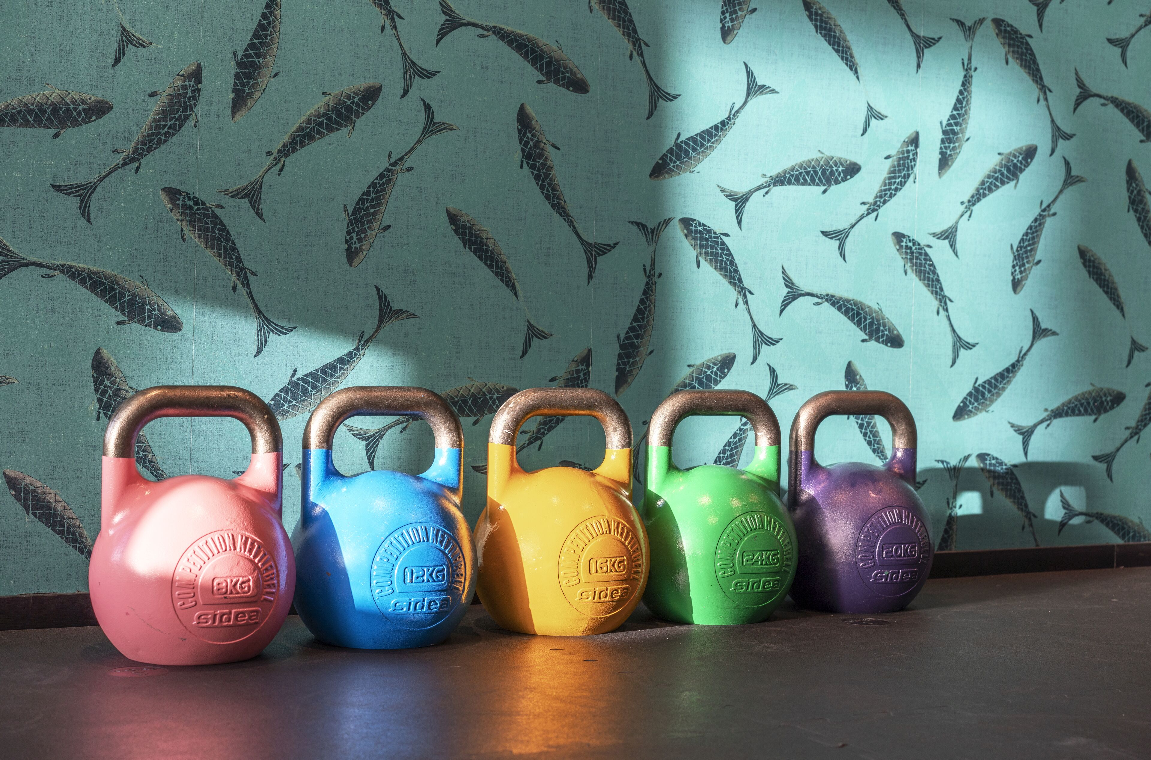Five kettlebells of different colors lined up against a wall with a fish pattern.