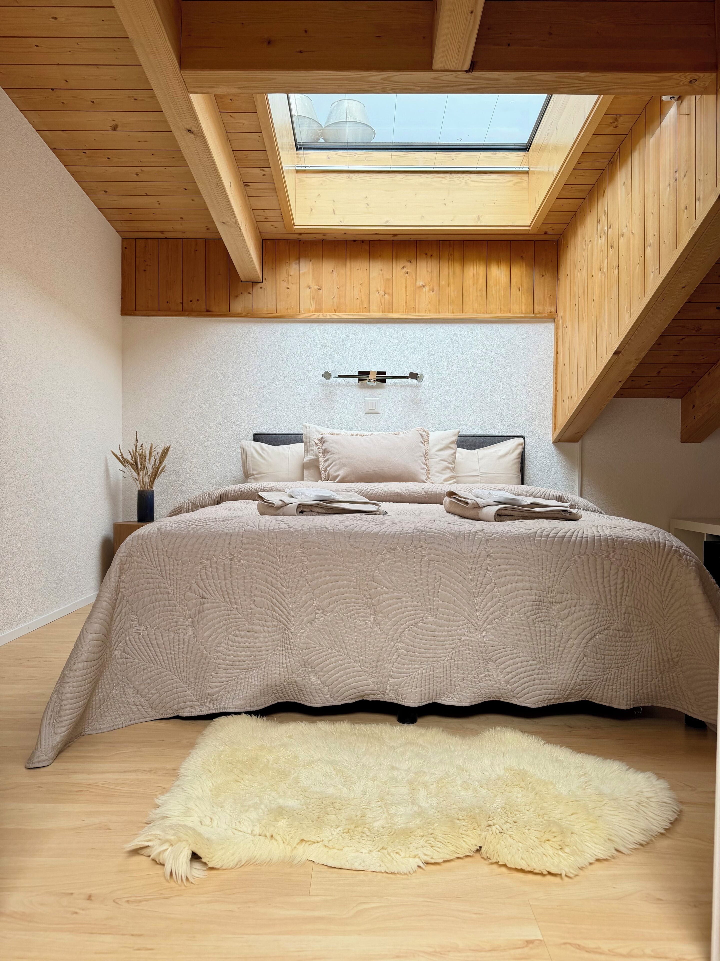 A bedroom with a skylight, a bed with a quilt, a fluffy rug, and a bedside plant.
