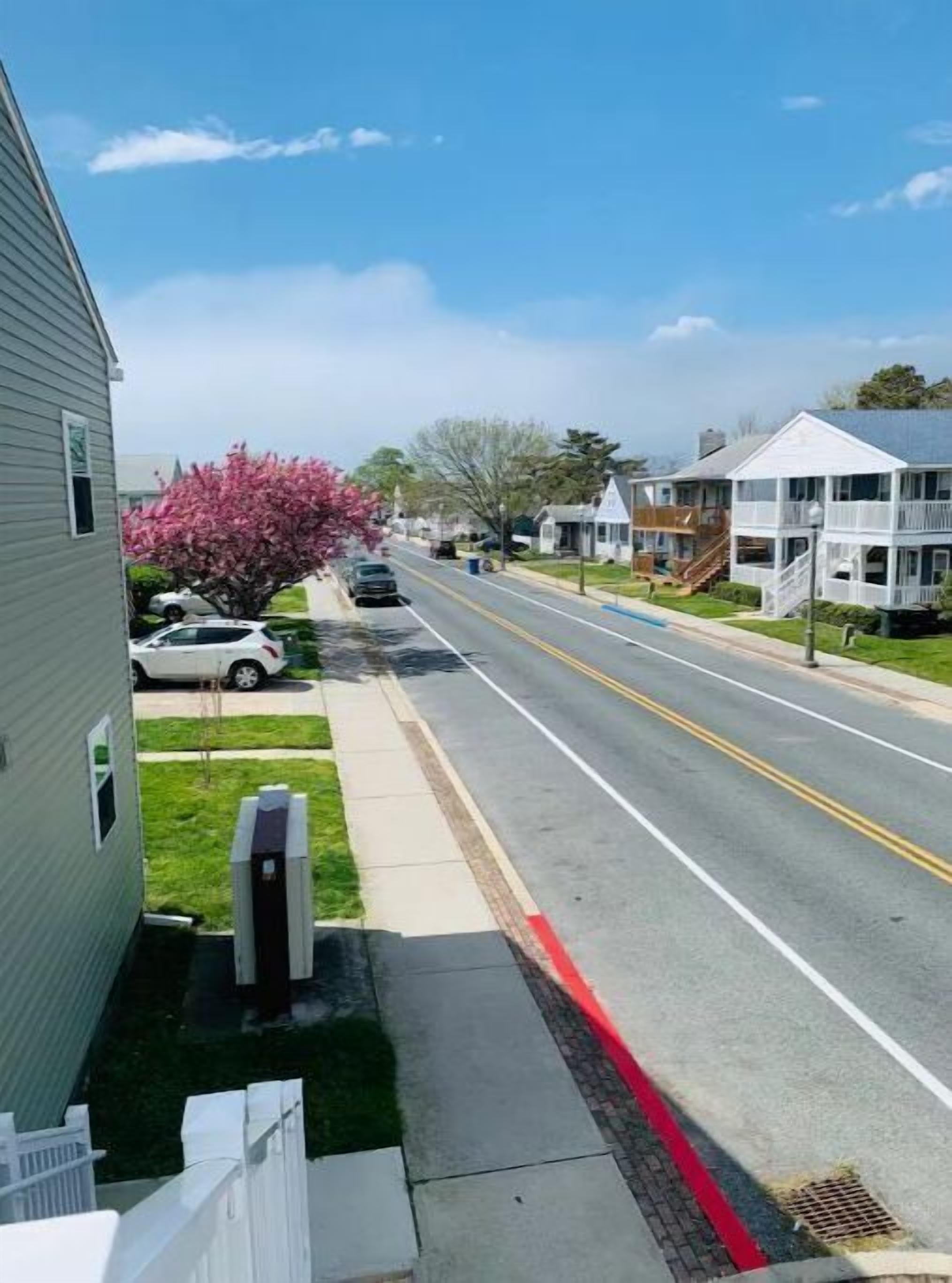 A residential street with houses, a sidewalk, and a road with a red line marking.