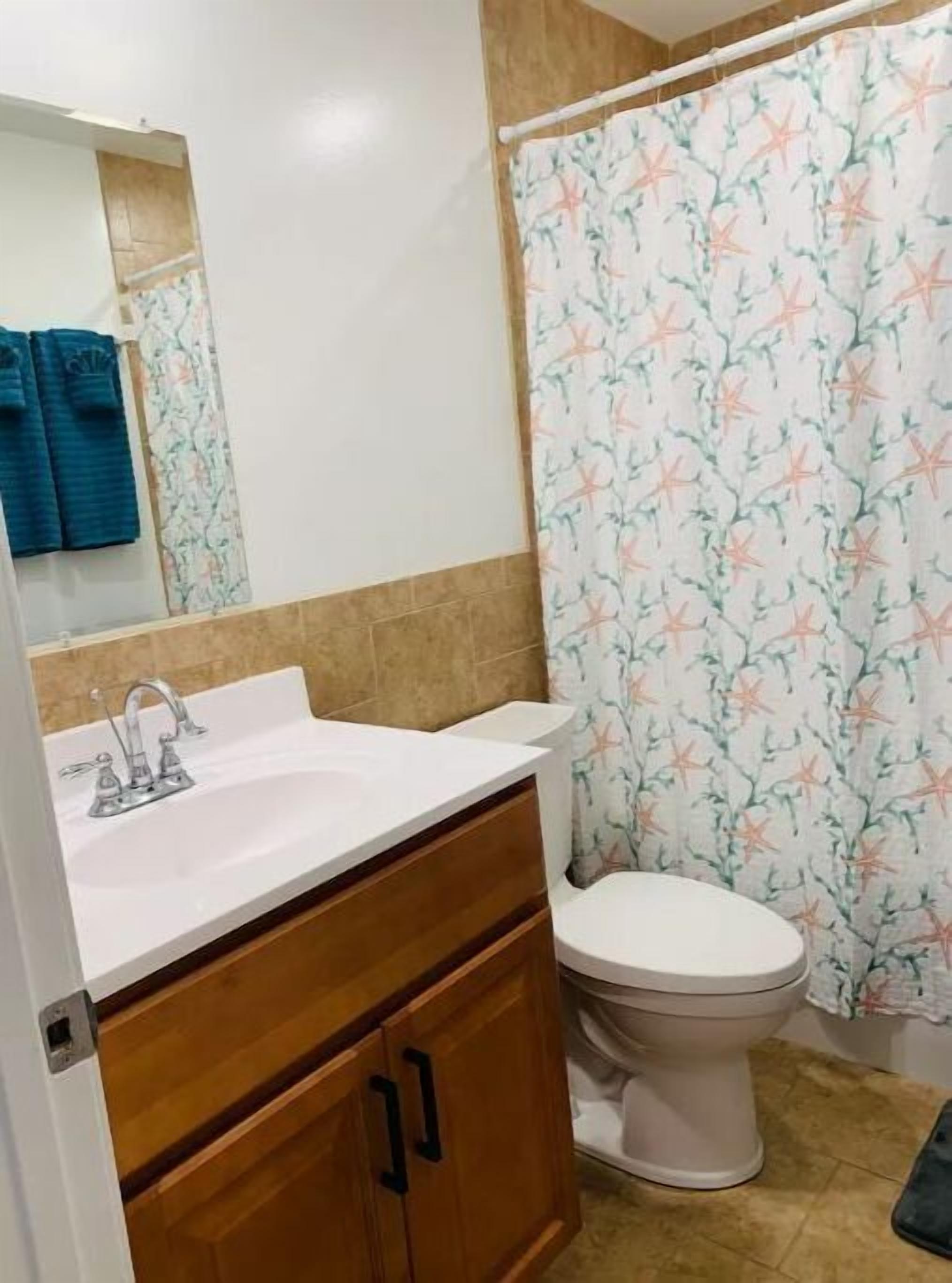 A bathroom with a white sink, a toilet, and a shower curtain with a floral pattern.