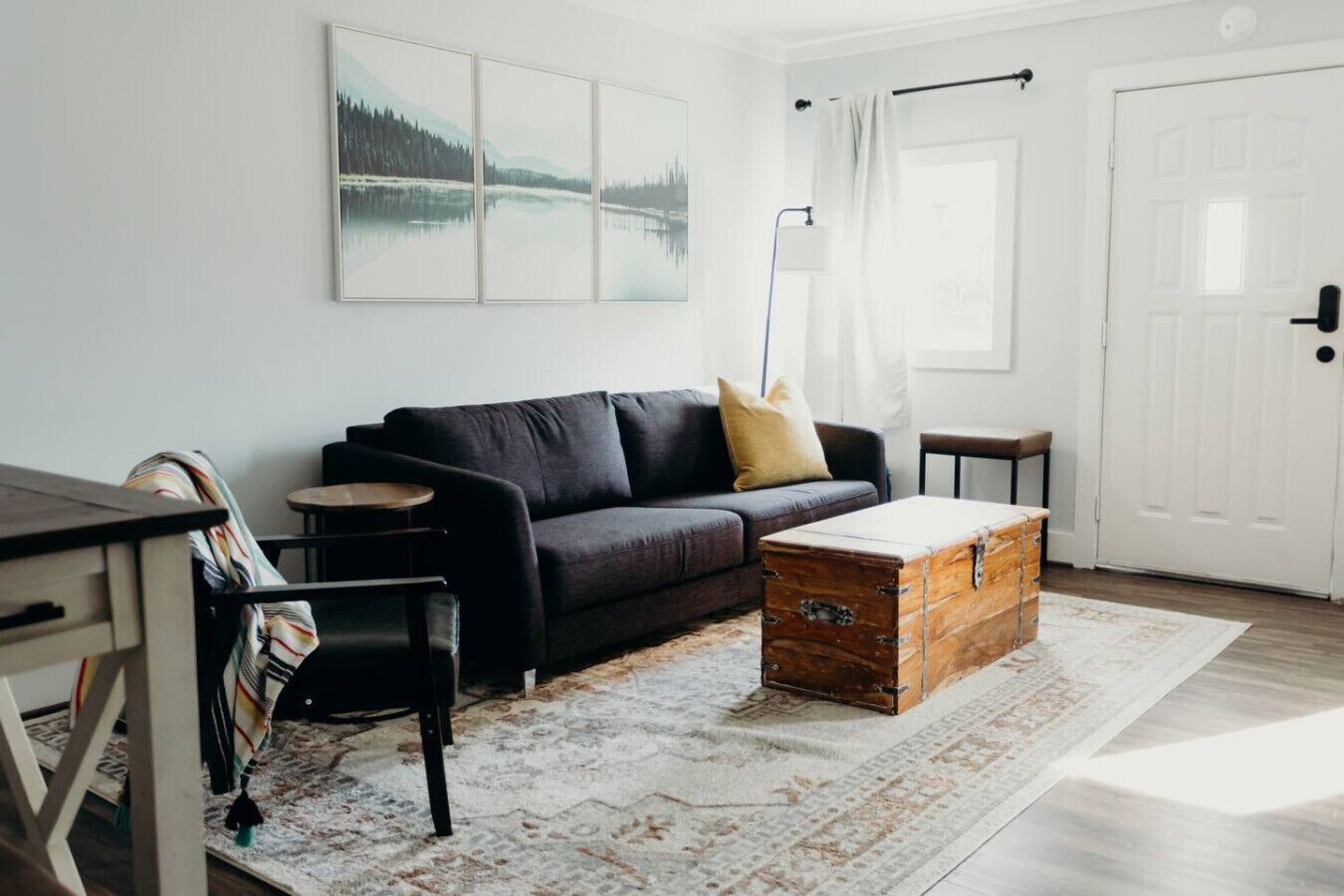 A living room with a dark sofa, a wooden chest, a patterned rug, and a painting of a landscape.