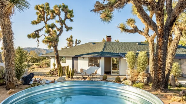 Une maison moderne avec une piscine, entourée de végétation désertique et de montagnes.