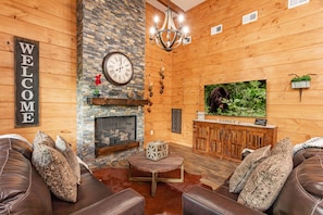 Smart TV, fireplace, foosball