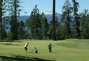 A golf course with players and a golf bag, surrounded by trees and a mountain in the background.