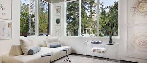 Smart TV, fireplace, DVD player, stereo