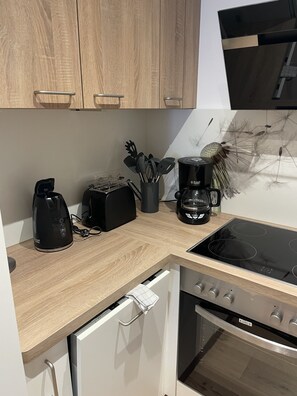 Frigorífico, microondas, horno y placa de cocina