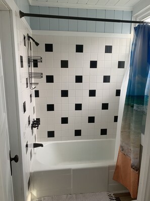 Hair dryer, towels, soap, shampoo