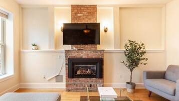 Televisión, chimenea, libros