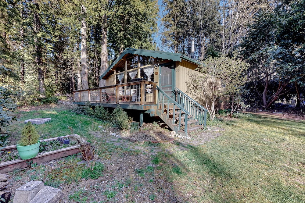 Cute rustic dog-friendly cabin with wood stove, deck, streaming, & forest views