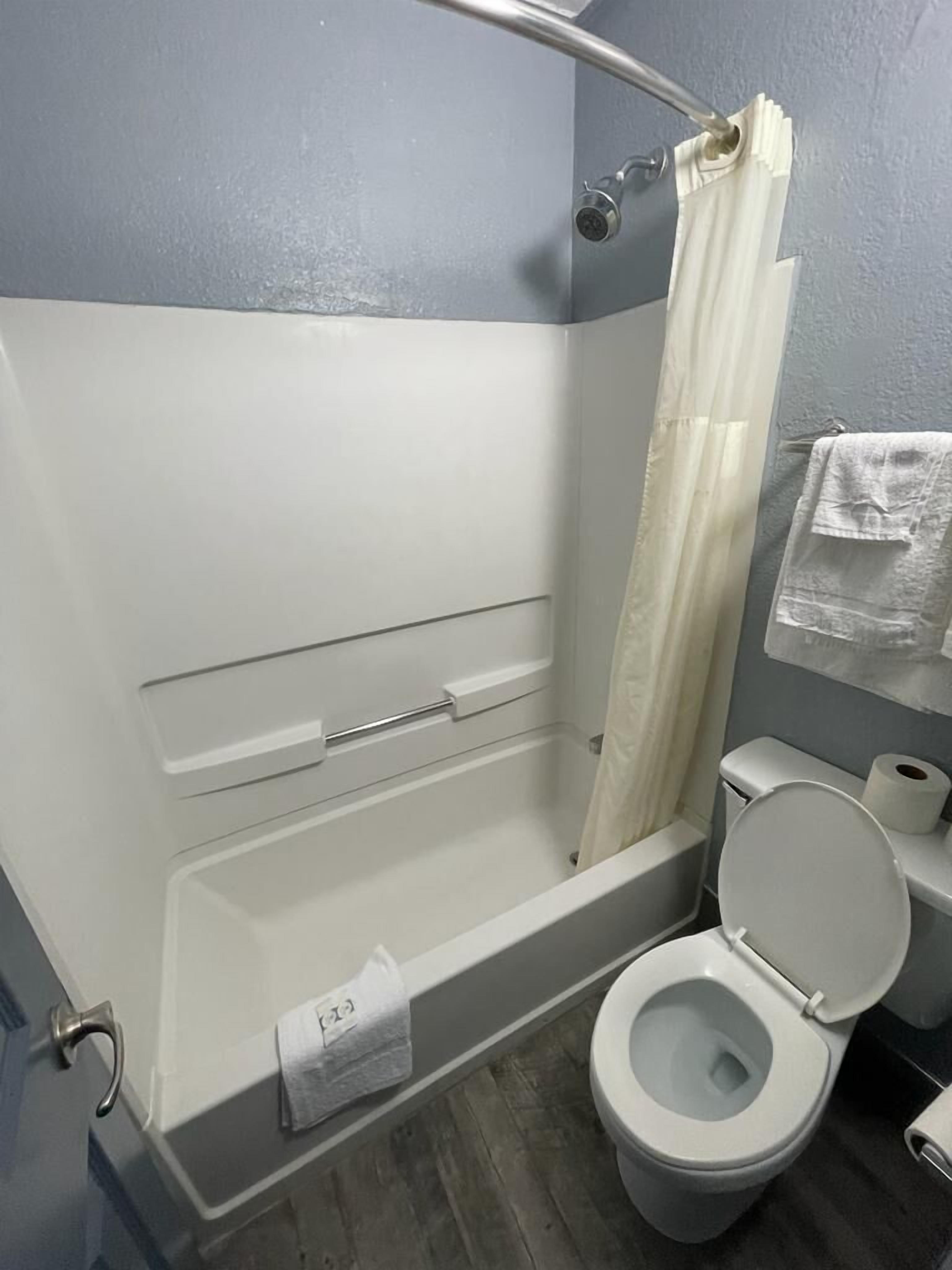 Un baño con bañera, inodoro y cortina de ducha.
