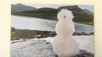 A snowman on a rock with a lake and mountains in the background.