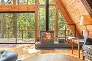 Interior - Riverside A-frame in gated cabin community with private deck, woodstove, & W/D (Rhododendron)