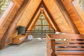 Interior - Riverside A-frame in gated cabin community with private deck, woodstove, & W/D (Rhododendron)