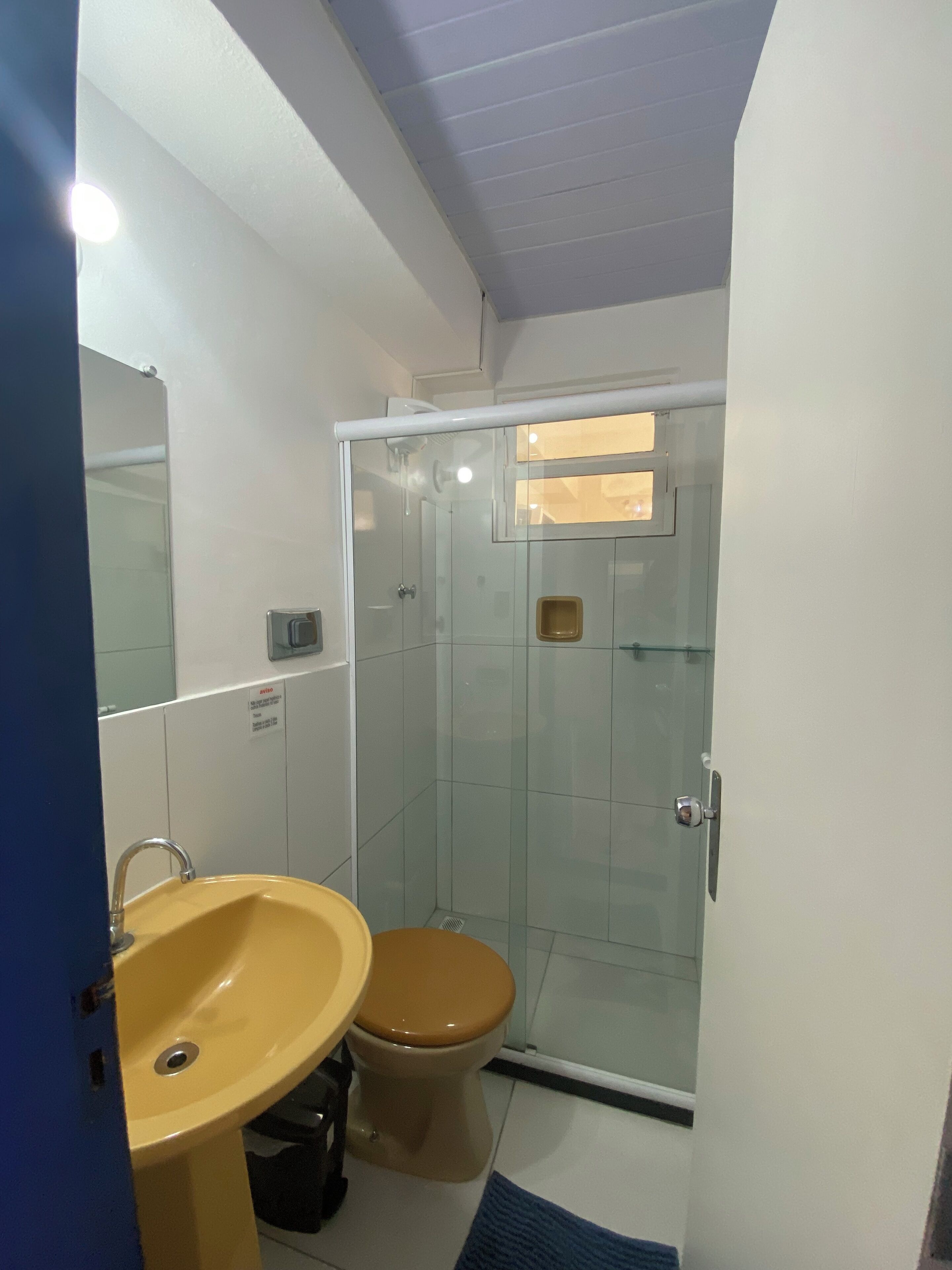 Un baño con ducha de vidrio, un lavamanos amarillo y un inodoro.