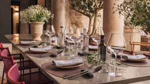Una mesa de comedor dispuesta con copas de vino, botellas y cubiertos, rodeada de sillas y plantas en macetas.