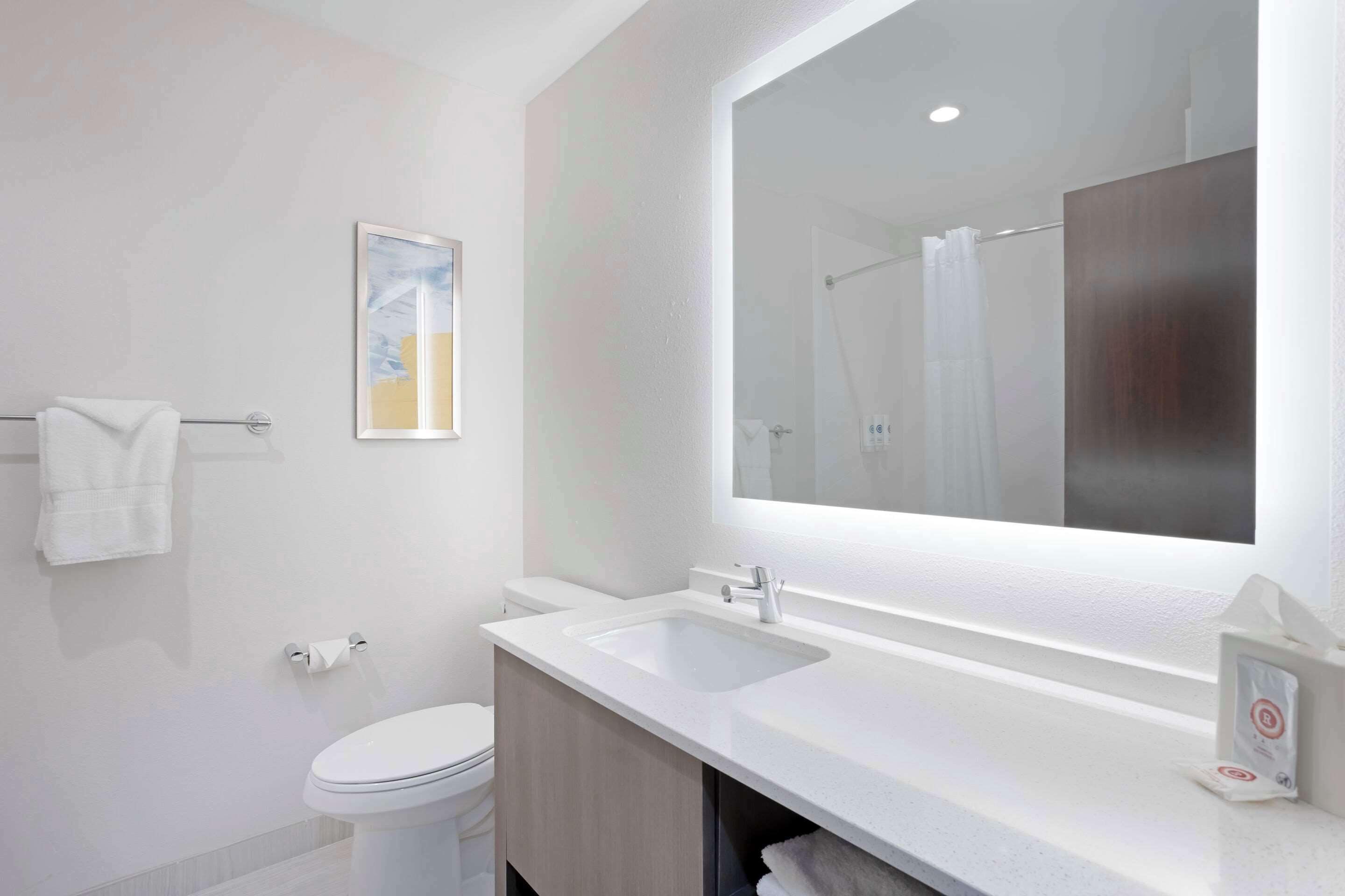 A modern bathroom with a white sink, a large mirror, and a toilet.