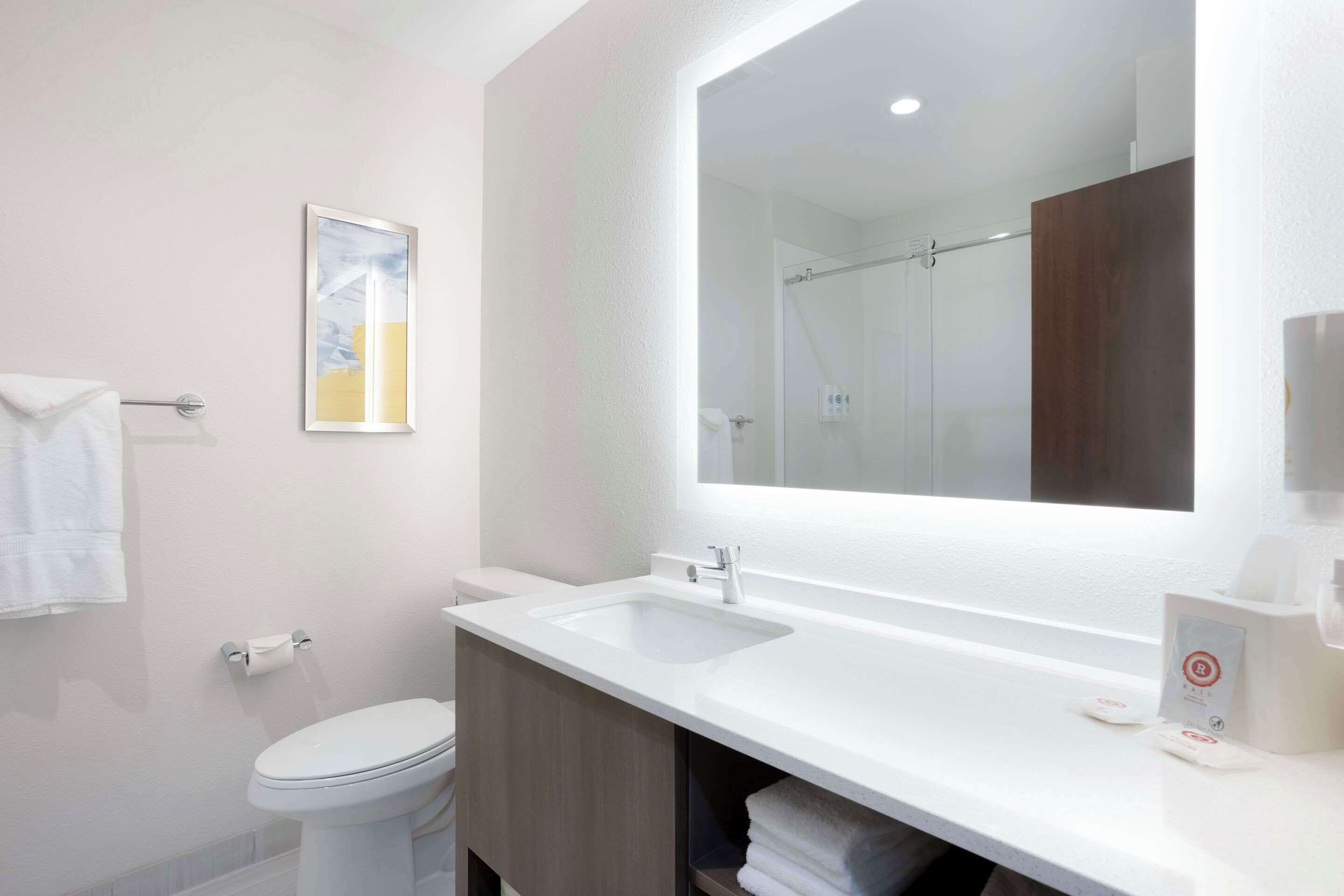 A modern bathroom with a white sink, a large mirror, and a shower area.