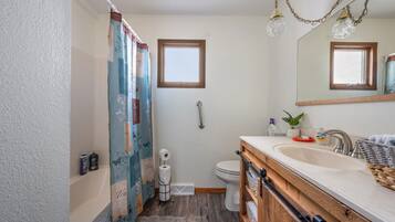 Une salle de bain avec un meuble-lavabo en bois, un évier, des toilettes et un rideau de douche.