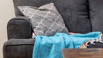 A dark grey sofa with a patterned pillow and a blue throw blanket.