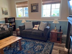 Smart TV, fireplace, books