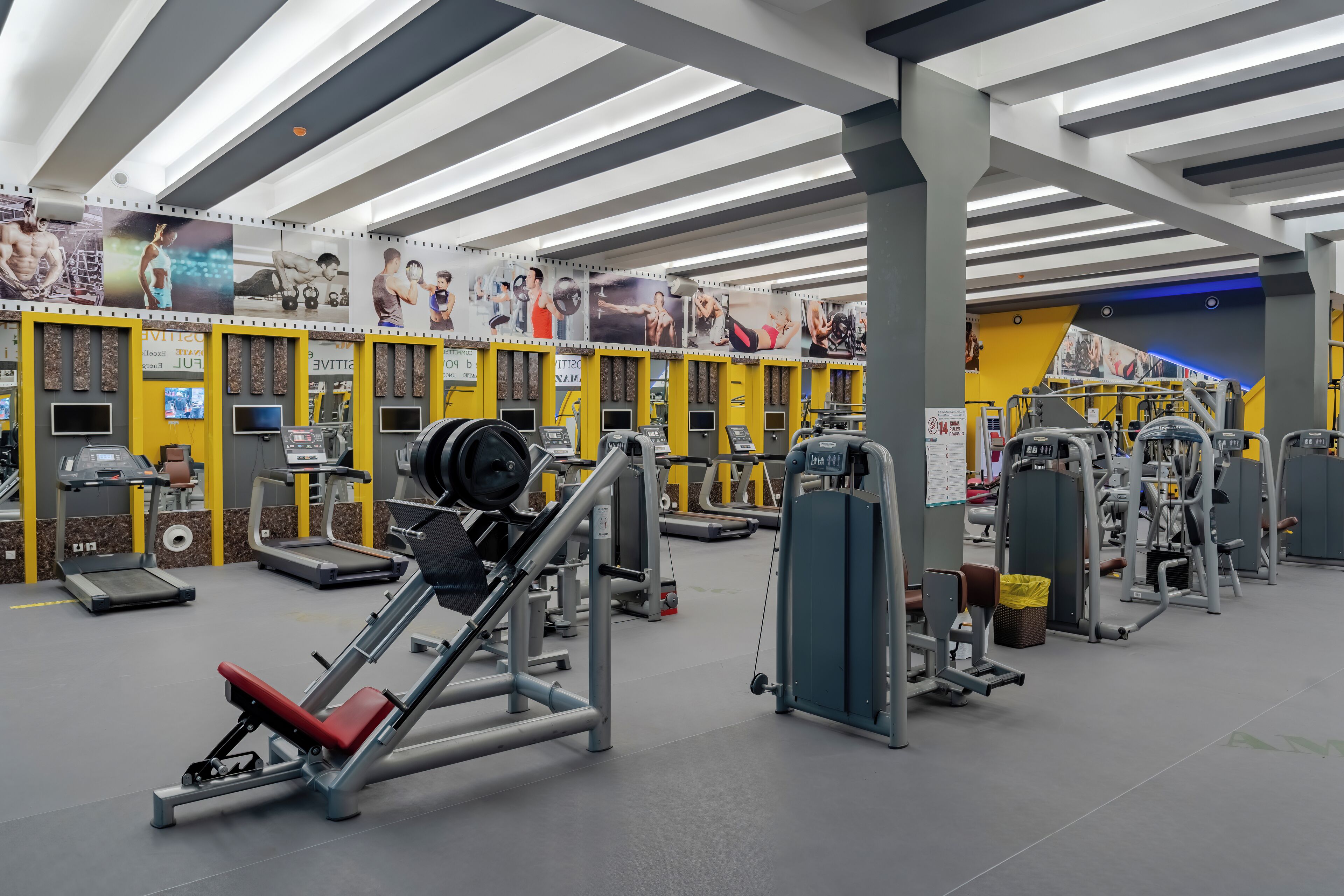 A gym with various exercise machines, treadmills, and weightlifting equipment.