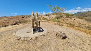 A dry, open landscape with a small structure made of branches and metal, surrounded by sparse vegetation and a clear blue sky. - T4 5 min from the beach (schoelcher)