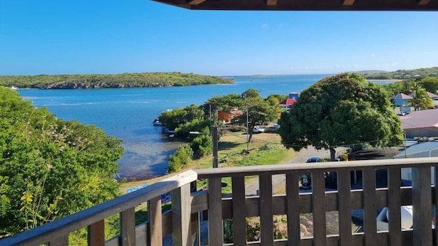 A view from a balcony overlooking a body of water, with a clear sky and greenery in the foreground. - T4 5 min from the beach (schoelcher)