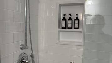 Hair dryer, towels, soap, shampoo