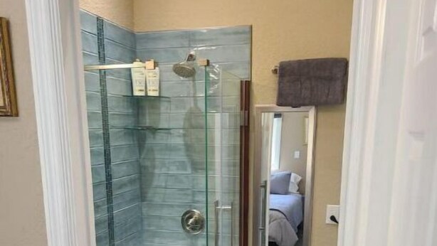 A narrow bathroom with a glass shower enclosure, a vanity with cabinets, and a mirror. - Tropical Paradise studio #3 (Tampa)