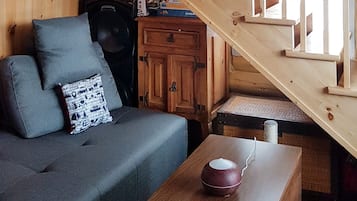 Smart TV, chimenea, libros y estéreo