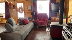 Smart-TV, peis, bøker og stereoanlegg