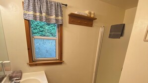 Un bagno con pavimento in legno, un lavabo con specchio, un water, una doccia e una finestra con tenda.