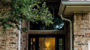 A brick building entrance with a glass door, potted plants, and a dog.